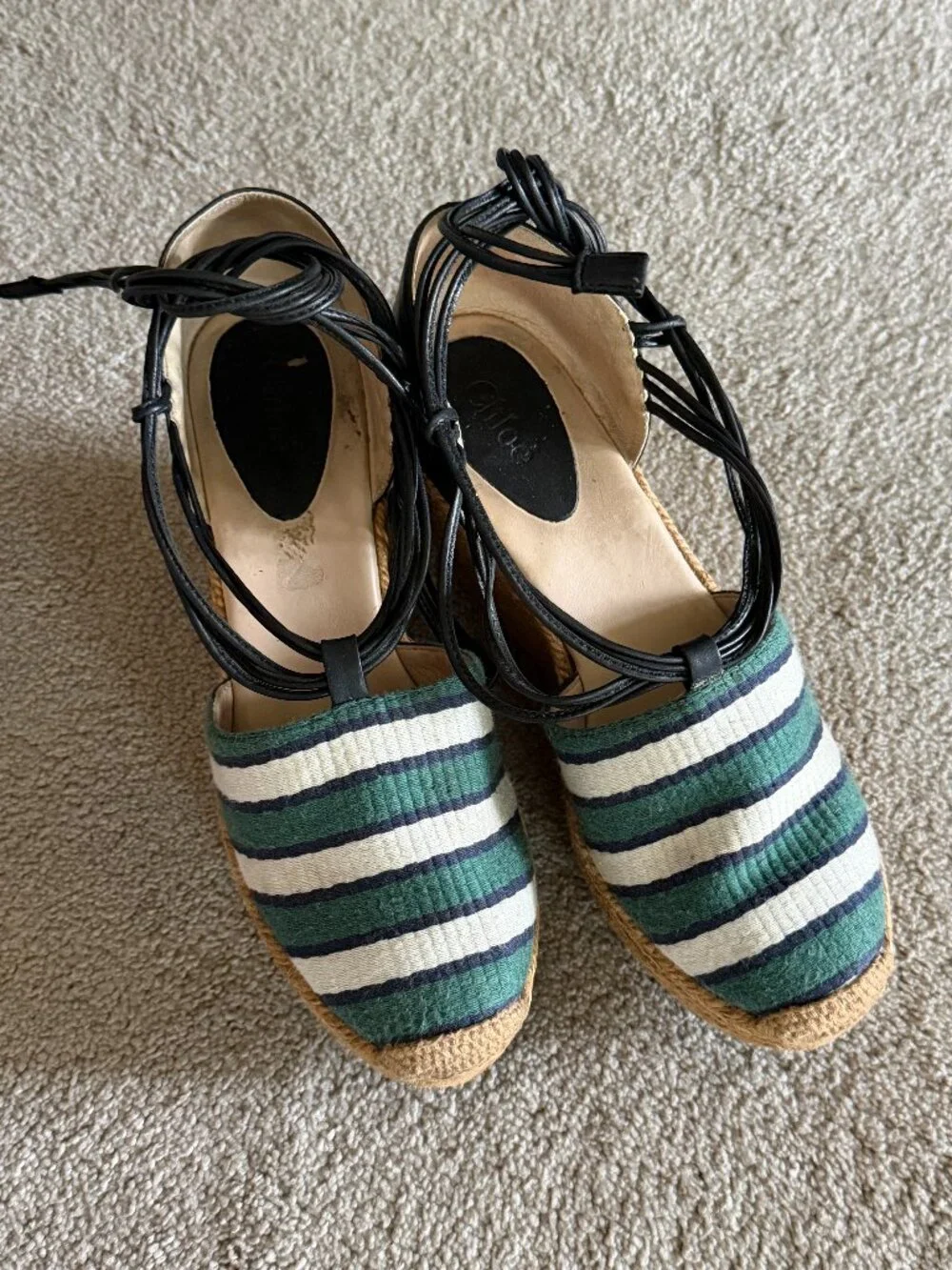 Chloe green striped/ leather straps espadrille wedges/ shoes sz 37 sz US 7